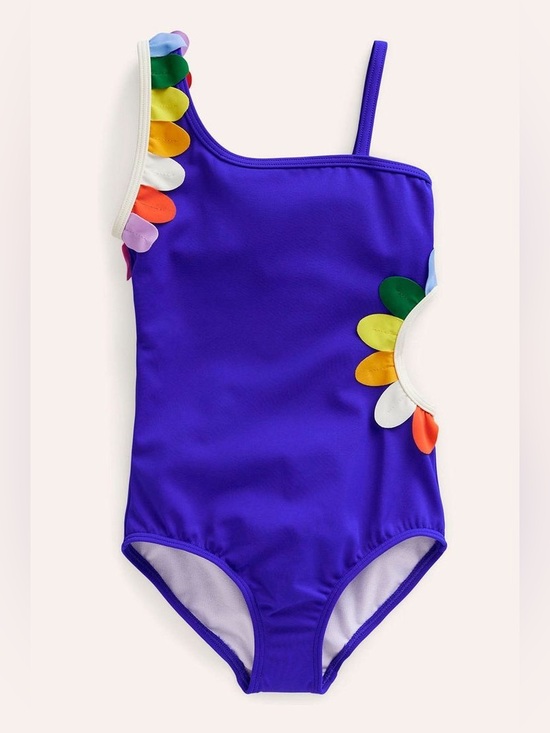 Mini Boden Other - Mini Boden Girls cobalt One Piece Swimsuit rainbow petal appliqué side cutout